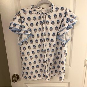 SHEIN White and Blue Floral Top with Ruffled Sleeves